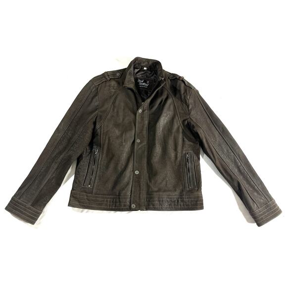Men’s Real Leather Brown Jacket 2XL Snap Zip Moto Style Epaulets Pockets - Picture 1 of 9